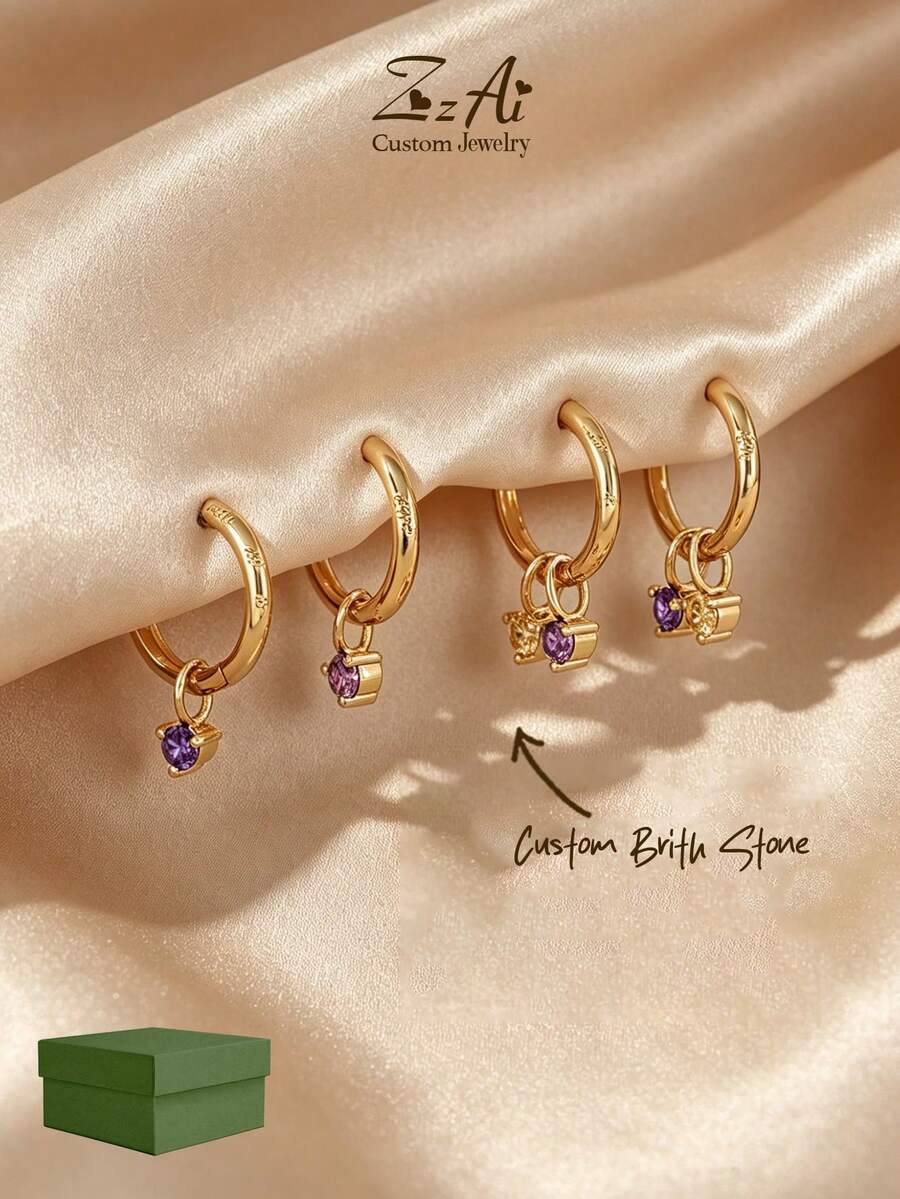 Bông tai đá quý theo tháng sinh, bông tai vòng đá quý cá nhân hóa, quà tặng Ngày của Mẹ cho phụ nữ, bông tai đinh tán vàng đá quý thanh lịch - Vàng - Xem 1
