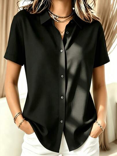 休闲纯色短袖衬衫，夏季百搭