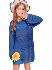 Girls Crochet Long Sleeve Swimsuit Cover Up Kids Fashion Hollow Out Swimwear Beach Dress 5-14 Years - 寶藍色 - 查看 3