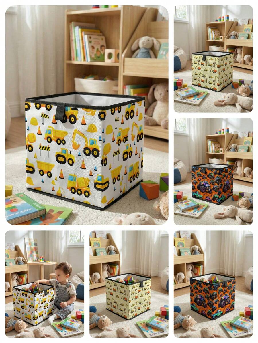 1 pieza Caja de almacenamiento plegable de gran capacidad, cesta de almacenamiento abierta con estampado de coche de dibujos animados, diseño de cajón multifuncional, ahorro de espacio para el hogar, dormitorio, guardería, almacenamiento debajo de la cama - Multicolor - Ver 1