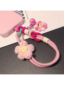 1 Set Estilo Ins Colgante de flor de algodón de dopamina para bebé, cordón para teléfono, correa de muñeca tejida, colgante de dibujos animados lindo, adecuado para mujeres - Multicolor - Ver 10