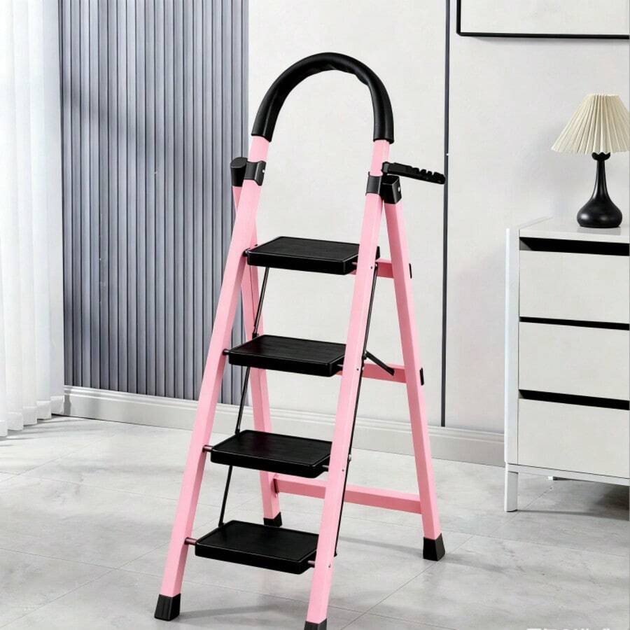 1 Heavy-Duty 3/4/5-Step Portable Folding Ladder, 500 Lbs Weight Capacity, Durable Plastic Folding Ladder With Non-Slip Steps, Lightweight And Portable, Suitable For Both Household And Industrial Use - 粉 - 查看 1