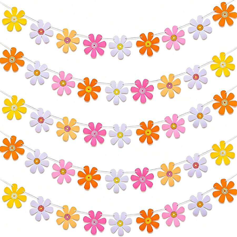 Bohemian Daisy Paper Garland - Colorful 60s & 70s Hippie Party Banner For Birthdays, Weddings, Youngsters Showers, And More - Vibrant Pink, Yellow, Blue, Orange, Purple, White Flowers With Green Stems - Perfect For Room Or Garden Decor, Daisy Party Decorations - Multicolor - View 1