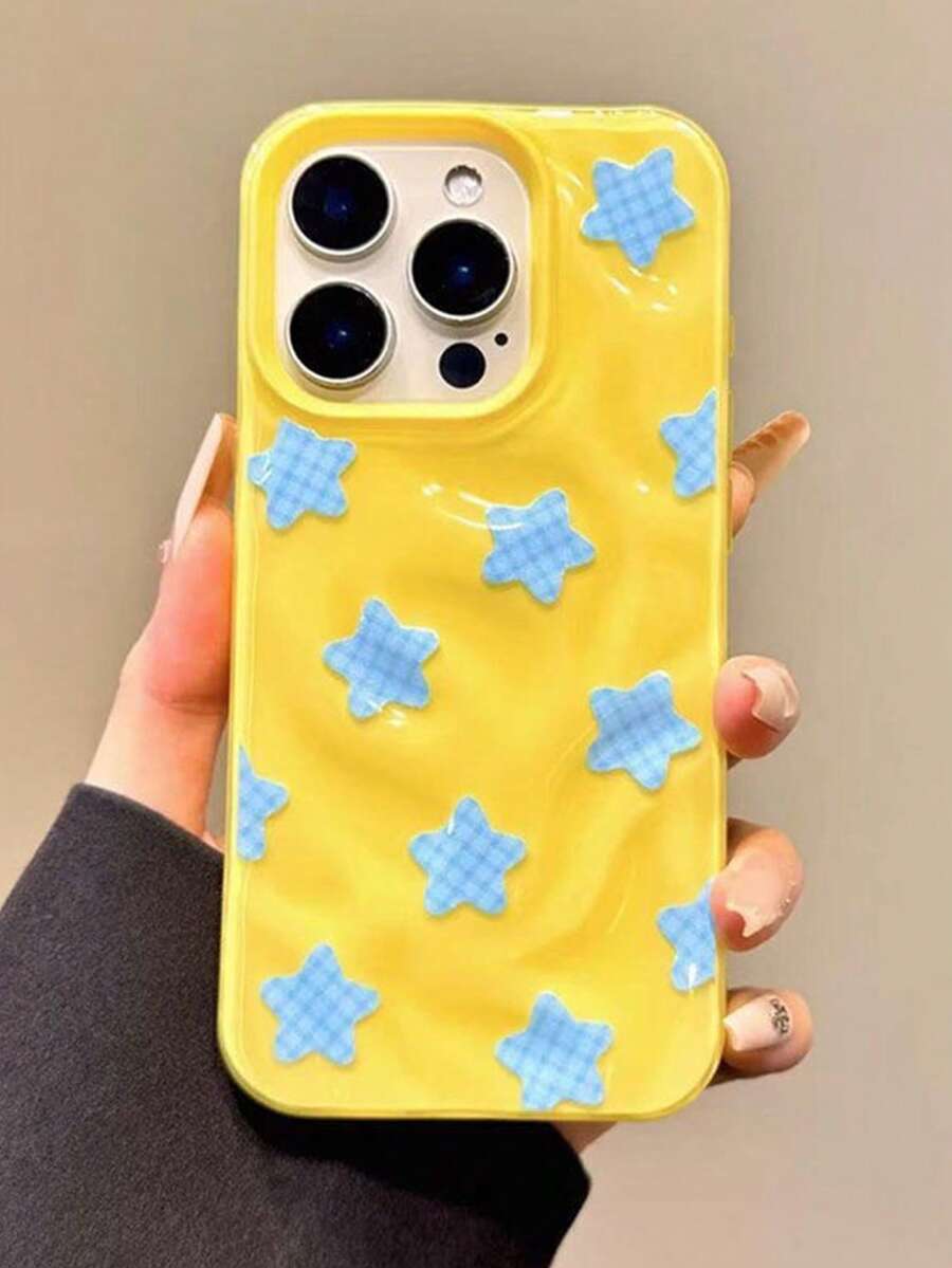 Y2K Cute Blue Plaid Star Pleated Pattern Phone Case Compatible With IPhone 17 Pro Max, 17 Pro, 17 Air, 16 Pro Max, 14, 15 Pro, 16 Plus, 13, 12, 11, Soft Phone Case (This Product Is Only A Phone Case, Does Not Include A Lanyard) - Yellow - View 1