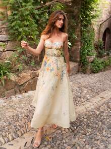 Faeriesty Vestido de noche elegante con tirantes finos y estampado floral para mujer, con estructura de ballenas, cierre de cremallera en la espalda, adecuado para eventos de alfombra roja, cenas formales, bodas de lujo, galas y fiestas de baile de gala - Multicolor - Ver 7