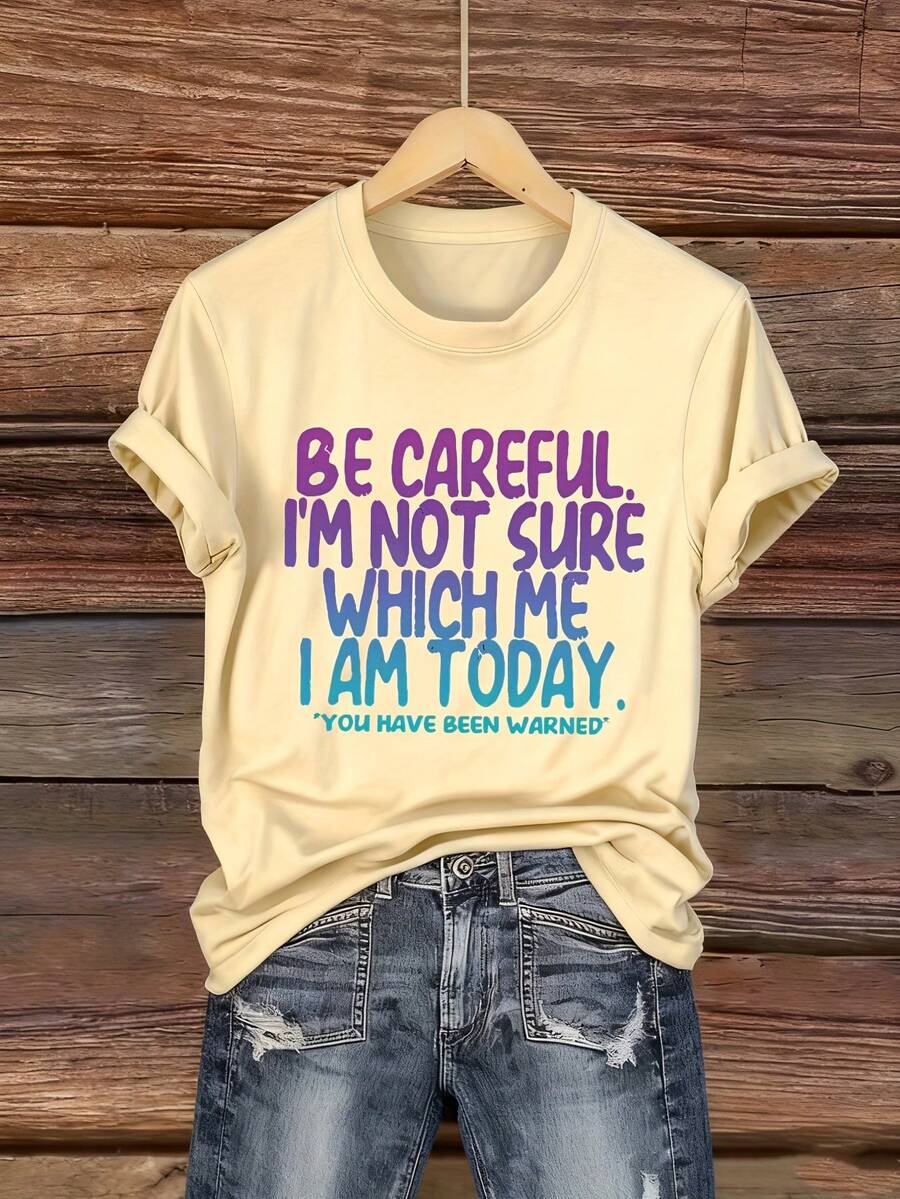 Plus-Size Cotton T-Shirt For Women, Perfect For Summer. Short-Sleeved, Crew-Neck T-Shirt With A Printed English Phrase And Lettering Design, Casual And Fashionable. The Material Is Sweat-Wicking, Soft, And Comfortable Against The Skin. - Apricot - View 1