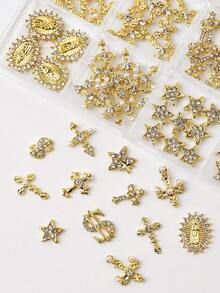 115pcs Set Of Charming Luxury Y2K Style Gold Alloy Faux Pearl Rhinestone Cross Rhinestone Gemstone USD Five Pointed Star Studded Rhinestone Religious Portrait Nail Decoration Accessories Accessory Set - Gold - View 2