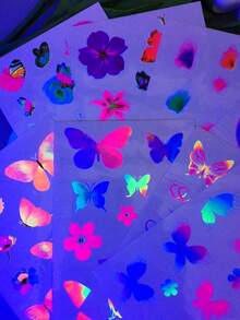 8pcs Dreamlike Colorful Butterfly & Floral Temporary Tattoo Stickers, Waterproof & Long-Lasting, Fresh Gradient Girl Style, Sweet & Romantic Atmosphere, Unisex For Wrist, Cheek Decoration, Mixed Designs With Fluorescent Effect - Multicolor - View 5