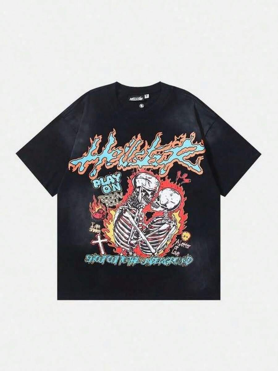 Hellstars Skeleton Couple Rock 'n' Roll Y2K Graphic T-Shirt,180g 100% Cotton,Round Neck Short Sleeve,Black Streetwear Essential For Summer ,Unisex Style Summer Clothes,Summer Tops,Graphic Tee,Funny T Shirts,T Shirts For Men,Tops For Women,Girls Clothes,Clothes For Girls,Boys Clothes,Holiday Outfits For Women,Summer Holiday Outfits,Girls Holiday - 黑色 - 查看 1