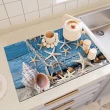 1pc Starfish & Shell Pattern Dish Drying Mat, Made Of Absorbent Polyester Fiber, Suitable For Dining Table And Coffee Machine, Multipurpose Drainage Pad, Home Gift, Desktop Decor - XYLSD-209 - View 6