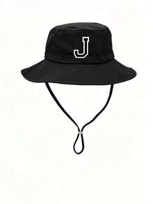 1pc Kids Letter Print Sun Hat, Casual Design With Adjustable Wind Strap, Suitable For Outdoor, Beach Sun Protection - Black - View 30