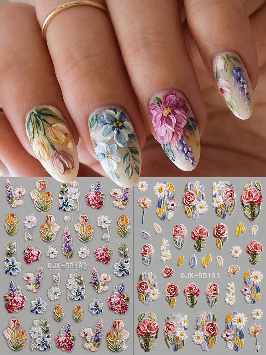 QIANJIKU 2张5D立体浮雕油画效果美甲贴纸 - 复古郁金香和雏菊3D美甲贴花 - 法式乡村风格装饰贴纸 - 适合春夏、野餐、婚礼、艺术展览DIY美甲
