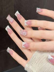 10PCS Duck Handmade Press On Nails, Lake Blue French Diamond,Suitable For Parties And Daily Wear,For Girls And Women Festivals Parties And Music Festival,Valentine's Day Mother's Day Gift. - Pink - View 3