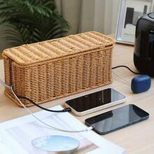 Handmade Rattan Cable Storage Box - Sturdy PE Material, Lid, Vintage , Multi-Layer Storage, Suitable For Power Cords, Data Cables, Chargers, Office Supplies Organizer | Rattan Design | PE Material, Cable Storage Basket - View 8