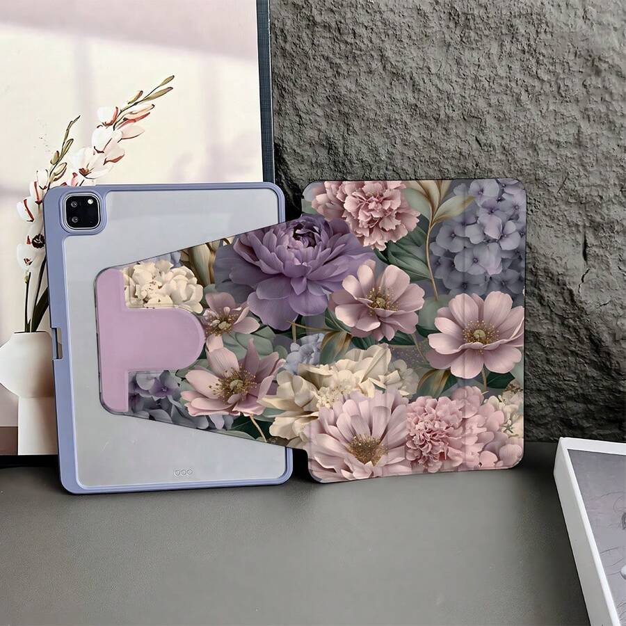 1pc Purple & Pink Floral 360° Rotating Flat Tablet Protective Case With Auto Wake/Sleep, 3-Fold Stand, Pen Slot, Compatible With IPad, Galaxy Tab & Pad, Tablet, Pad - Multicolor - View 1
