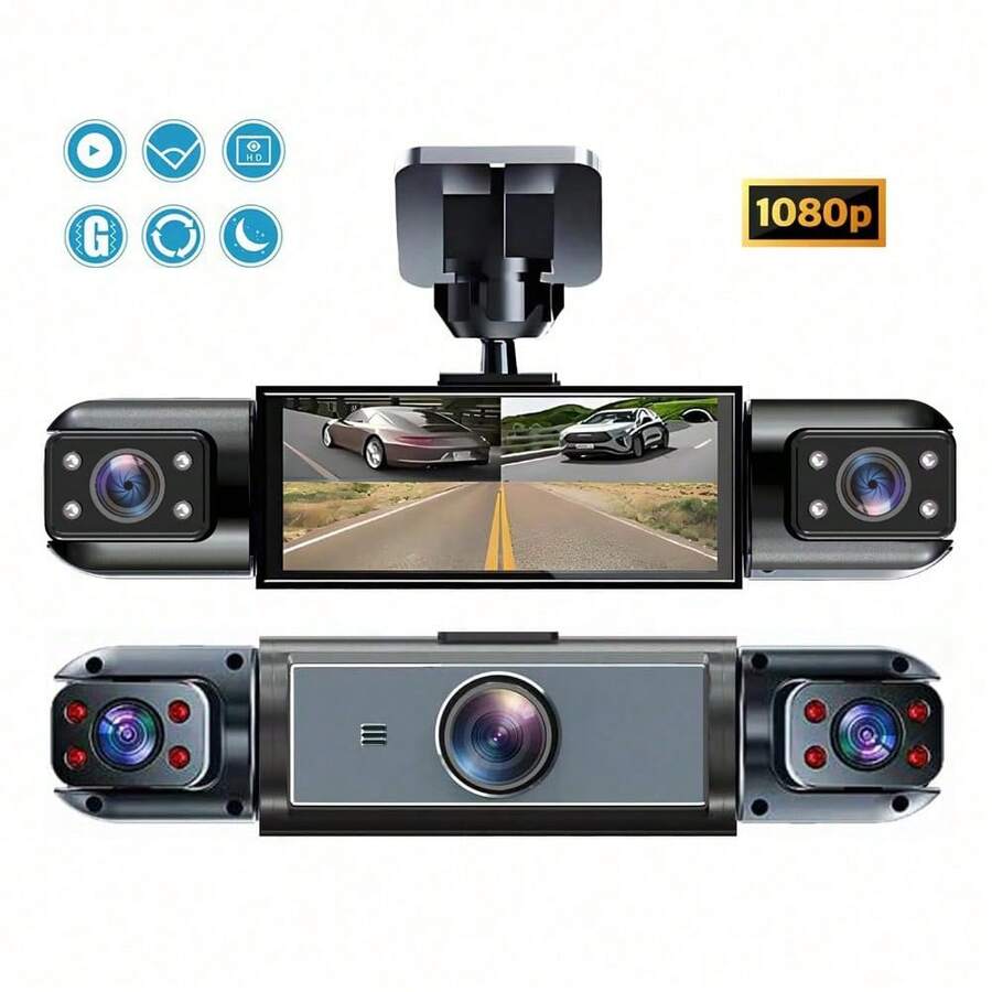 Cámara de salpicadero de 360°: vista frontal, izquierda y derecha, DVR de coche de triple lente, pantalla IPS de 3.16", visión nocturna, detección de movimiento, grabación en bucle, cámara de de gran angular, batería de 150mAh