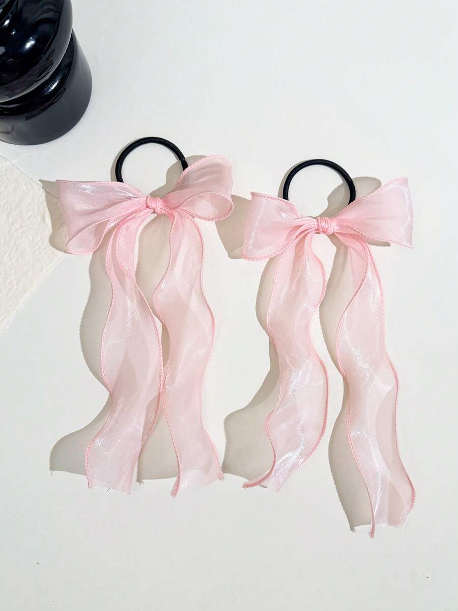 2条装女士时尚粉色缎带蝴蝶结发圈,芭蕾舞风格丝带发绳,简约可爱日常发饰,马尾辫发圈,橡皮筋发带,发绳,弹性发圈,旅行,生日礼物 - 粉色 - 查看 1