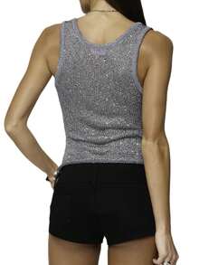 Women Knit Tank Tops Glitter Sequins U-Neck Casual Vests Summer Sleeveless T-Shirts Streetwear - 深灰色 - 查看 3