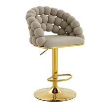 Set Of 2 Grey Velvet Bar Stools – Chain-Link Backrest, Gold-Plated Adjustable Frame, Elegant For Kitchen Island, Bar And Dining Room - Gray + Gold - View 5