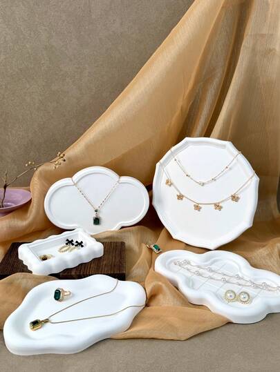 Minimalist Cloud & Octagon White Plaster Jewelry Tray Set, Multi-Size Vanity Organizer Trays For Earrings, Rings, Necklaces, Aesthetic Desktop Storage & Photography Props, Ideal Gift For Mother's Day And Wedding Anniversary