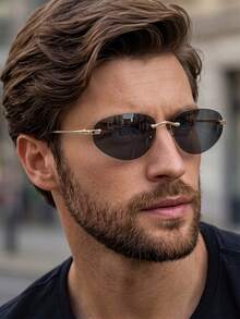 1副男士黑灰色椭圆形无框奢华金属细腿复古时尚眼镜 - 黑灰 - 查看 1