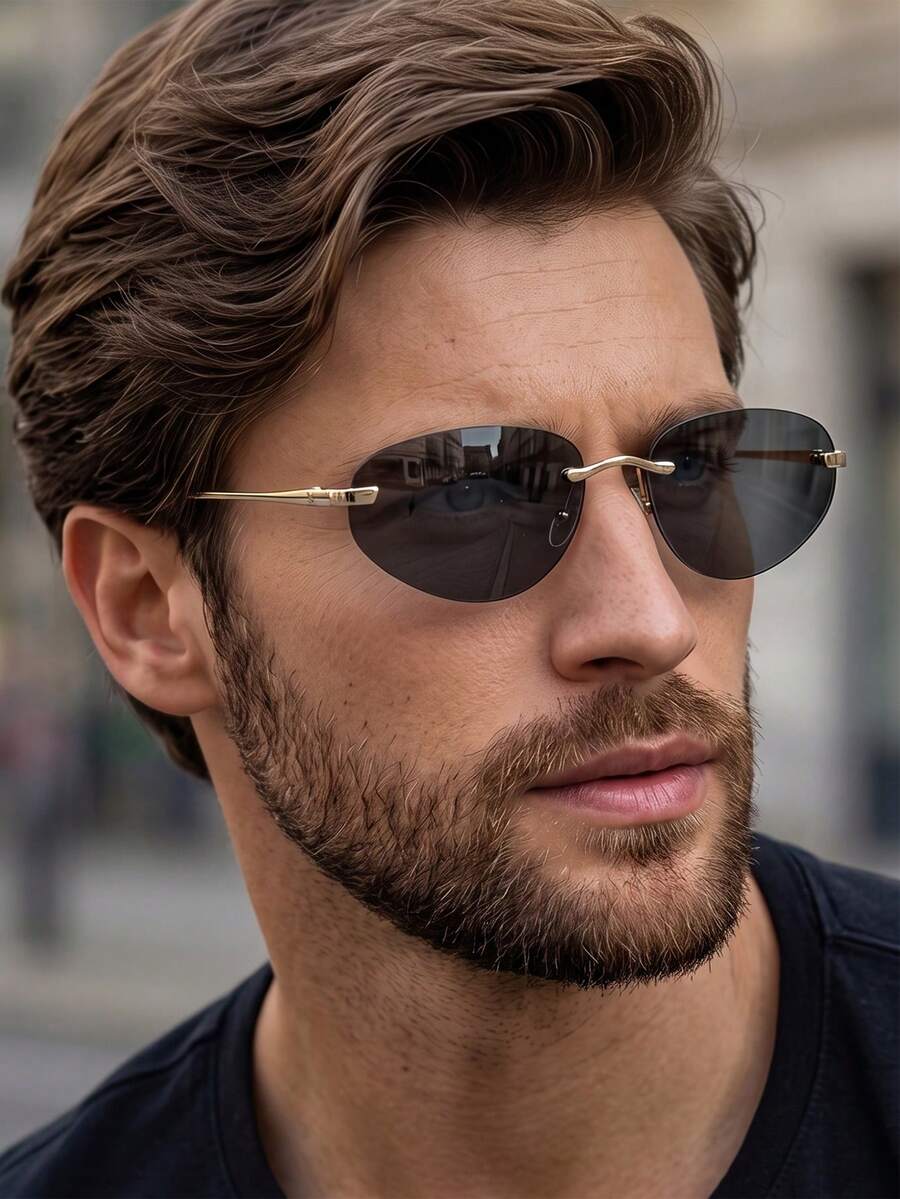 1副男士黑灰色椭圆形无框奢华金属细腿复古时尚眼镜 - 黑灰 - 查看 1