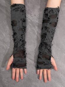 1pair Women's Distressed Long Fingerless Gloves For Everyday And Party Use Halloween Summer - 灰色 - 查看 2