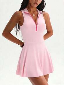 Sovereign Charm Women's Sleeveless Macaroon Pink Sports Dress, Regular Stand Collar, Contrast Color Half-Open Collar, Attached Shorts With Pockets, Suitable For Daily Casual Wear, Fashion Versatile, Running, Yoga, Gym, Tennis, Golf Racerback Tennis Dress Tennis Dress With Built In Shorts Pink Sport Dress Pink Tennis Dress Court Athletic Dress - 粉色 - 查看 6