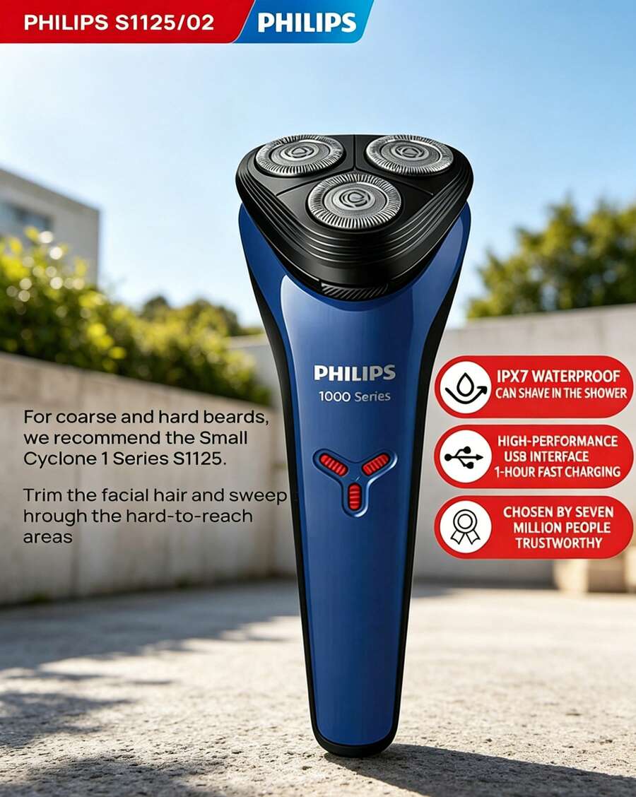 PHILIPS S1125/02 电动剃须刀,S1000 系列升级款,柔和贴合面部轮廓,舒适剃须,电池续航持久,干湿两用,送给男友、男士、父亲的礼物 - 藍色 - 查看 1