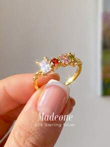 1 chiếc nhẫn bạc 925 kiểu dáng tối giản, hình học, đính đá Cubic Zirconia, thích hợp cho nữ đeo hàng ngày, lễ đính hôn, tiệc sinh nhật và làm quà tặng cho bạn gái. - Hình học tối giản - Zirconium vàng - Xem 1