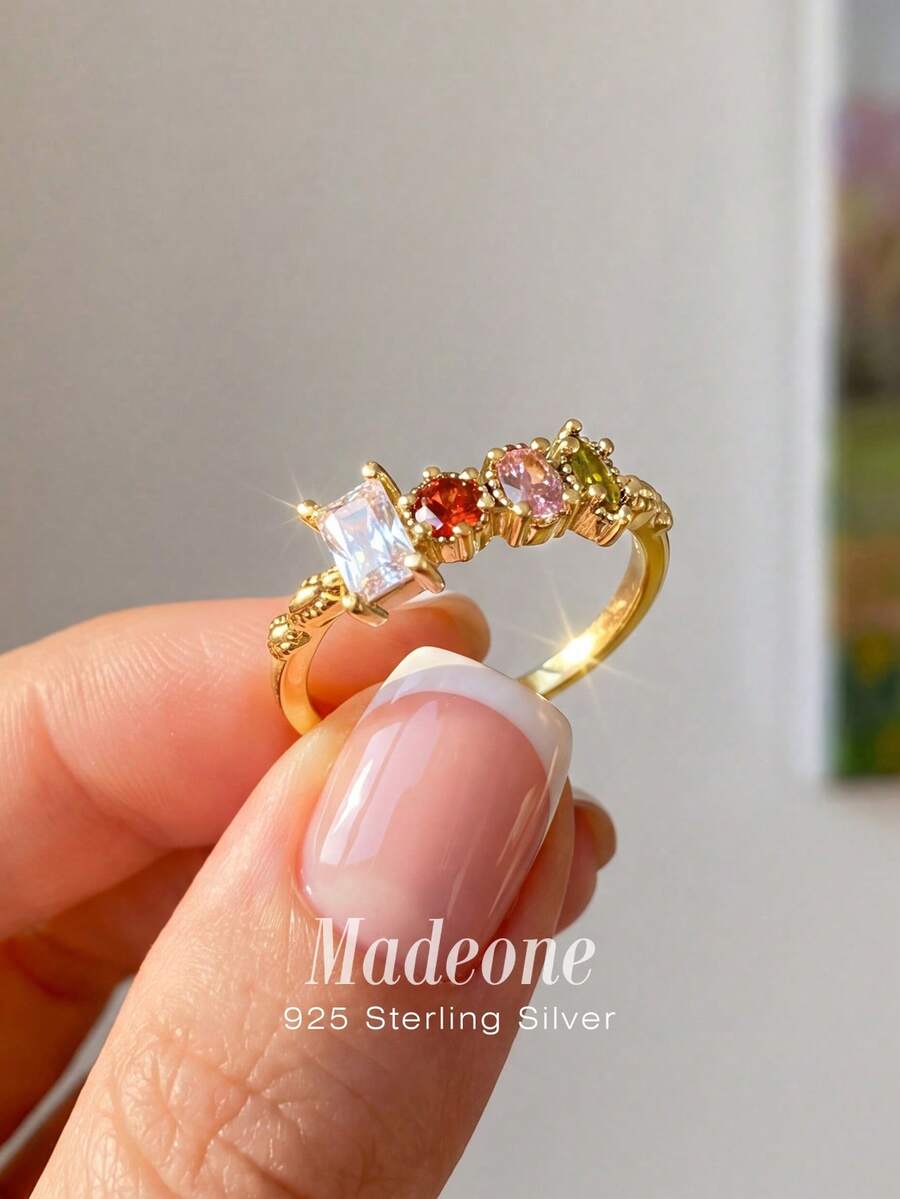 1 chiếc nhẫn bạc 925 kiểu dáng tối giản, hình học, đính đá Cubic Zirconia, thích hợp cho nữ đeo hàng ngày, lễ đính hôn, tiệc sinh nhật và làm quà tặng cho bạn gái. - Hình học tối giản - Zirconium vàng - Xem 1