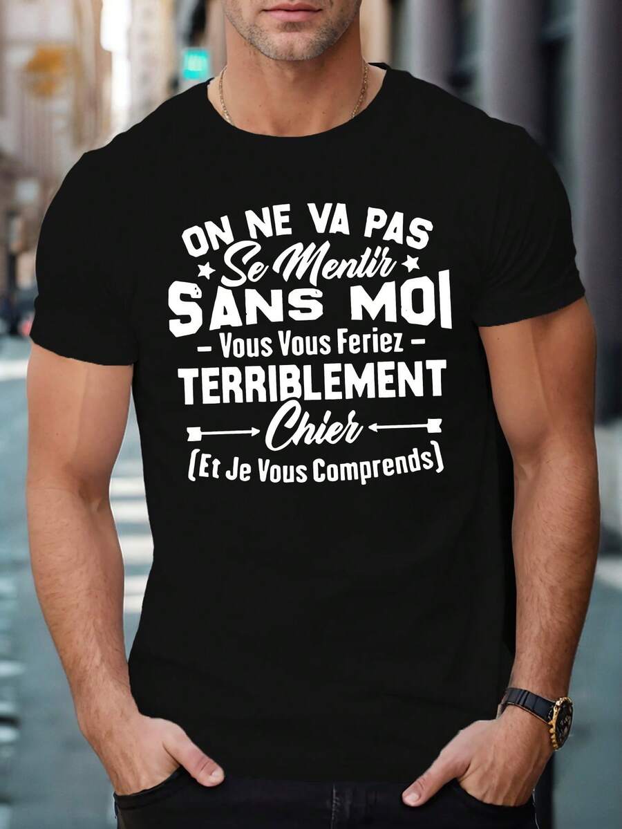 Men's Funny French Slogan T-Shirt "On Ne Va Pas Mentir Sans Moi" - White Casual Summer Tee With French Text Print, Regular Fit Round Neck Top For, Outdoor & Casual Attire - Matching Shirts For Men - 黑色 - 查看 1
