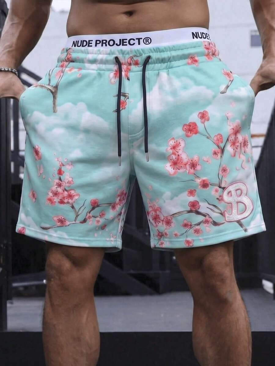 FRACTYR 男士夏季休闲街头时尚樱花、蓝天、白云双面印花宽松运动短裤，美式高街风格，透气百搭 - 藍色 - 查看 1