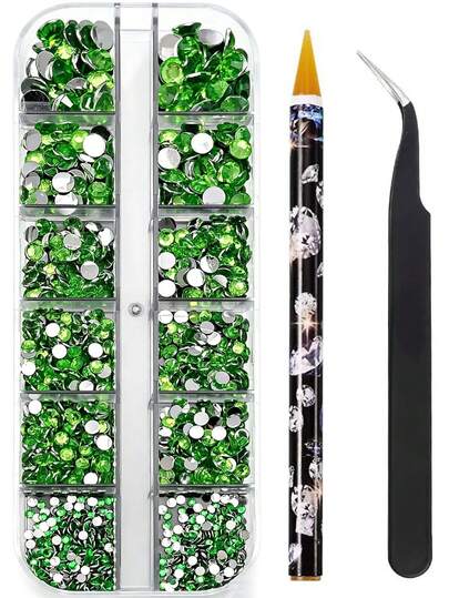 Bộ đá đính 12 ô kèm nhíp và bút, đá đính 3D đáy phẳng màu xanh lá cây 2-6mm, 1 hộp đá đính dùng cho đồ thủ công DIY, cốc, chai, ly, quần áo, đá pha lê lấp lánh rời, trang trí thủ công, trang trí ngày Valentine.