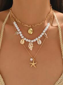 Dây chuyền nhiều lớp kiểu Bohemian dành cho nữ, đính ngọc trai giả, vỏ sò và sao biển, màu vàng kim, thích hợp cho kỳ nghỉ biển. - Vàng - Xem 1