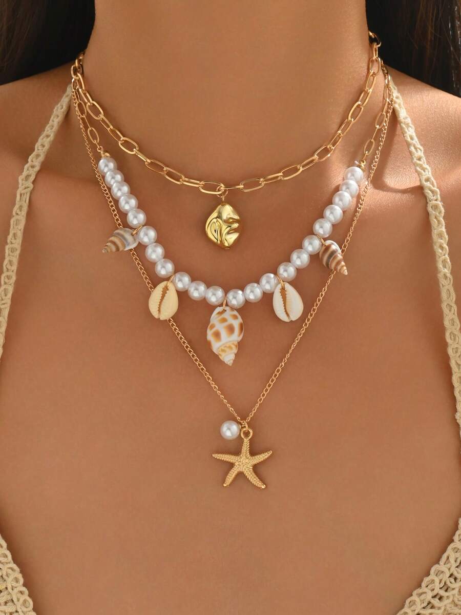 Dây chuyền nhiều lớp kiểu Bohemian dành cho nữ, đính ngọc trai giả, vỏ sò và sao biển, màu vàng kim, thích hợp cho kỳ nghỉ biển. - Vàng - Xem 1