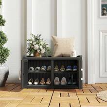 2-Tier Storage Bench, Waterproof UV-Resistant Outdoor Shoe Storage Cabinet With 2 Doors & Adjustable Shelves For Indoor Outdoor Entryway, Hallway, Living Room (Black) - 黑色 - 查看 2