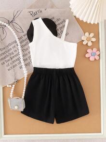 2pcs Young Girls Elegant Luxury Spaghetti Strap Top Paired With Black Shorts Set, Summer Vacation Style - Black and White - View 2