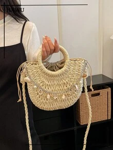 1个半圆形镂空手提包，时尚沙滩度假草编包 - 米色 - 查看 3