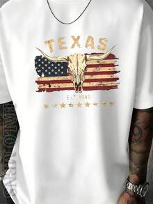 Men's 100% Cotton Texas Est 1845 Longhorn Skull Graphic Tee, Retro Western Texas Flag Cowboy Print T-Shirt, Vintage Texas Pride Lone Star State Short Sleeve Crew Neck Top, Soft Breathable Comfort Fit Streetwear, Texas Lover Cowboy Gift For Men, Daily Wear Western Aesthetic Cotton Tee - trắng - Xem 2