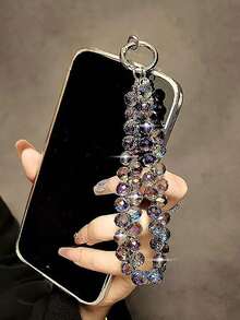 1pc High-End Fashion Purple Crystal Short Wristlet Keychain & Phone Lanyard 2-In-1 - Purple - View 2
