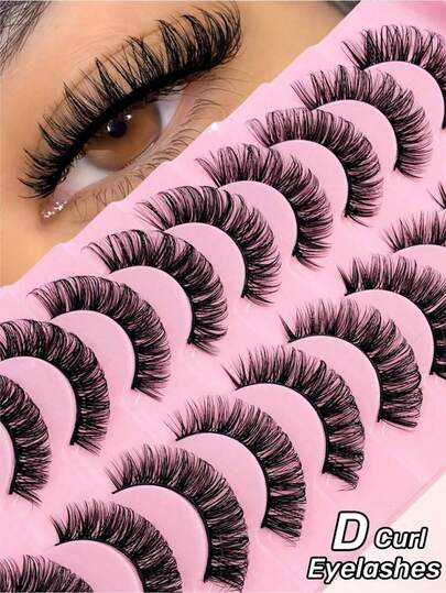 10 Pairs D Curl Russian Stripe False Eyelashes, Natural Fluffy Faux Mink Lashes, Curled Long Fox Eye Lifting Fake Eyelashes