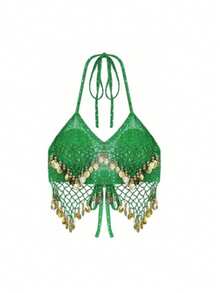 Bộ gồm 1 áo bra cổ yếm thủ công đính sequin và dây buộc tua rua, kết hợp với chân váy kiểu saree đính sequin. Hoàn hảo cho múa bụng, lễ hội, tiệc tùng, đi biển, phong cách boho và retro. - Nhiều màu - Xem 11