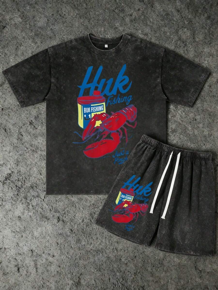 2PCS Set Men's Vintage Huk Crawfish Fishing Print 100% Cotton Washed Black Short Sleeve T-Shirt And Drawstring Shorts - 黑色 - 查看 1