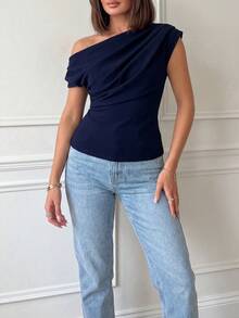 blusa minimalista y chic con hombro asimétrico y corte, blusa ajustada para mujer en verano - Azul marino - Ver 3