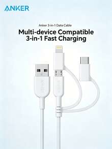 anker A8436 3-In-1 Charging Cable | Multi-Head Design | 3A Fast Charging | Compatible With Apple/Android/Type-C | Nylon Braided Anti-Pull | Suitable For Phones & Tablets | Essential For Car - White - View 1