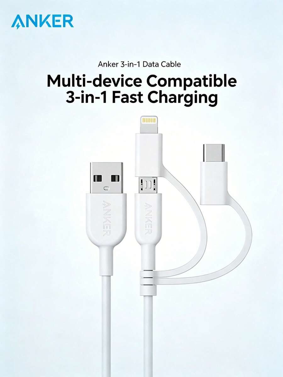 anker A8436 3-In-1 Charging Cable | Multi-Head Design | 3A Fast Charging | Compatible With Apple/Android/Type-C | Nylon Braided Anti-Pull | Suitable For Phones & Tablets | Essential For Car - White - View 1