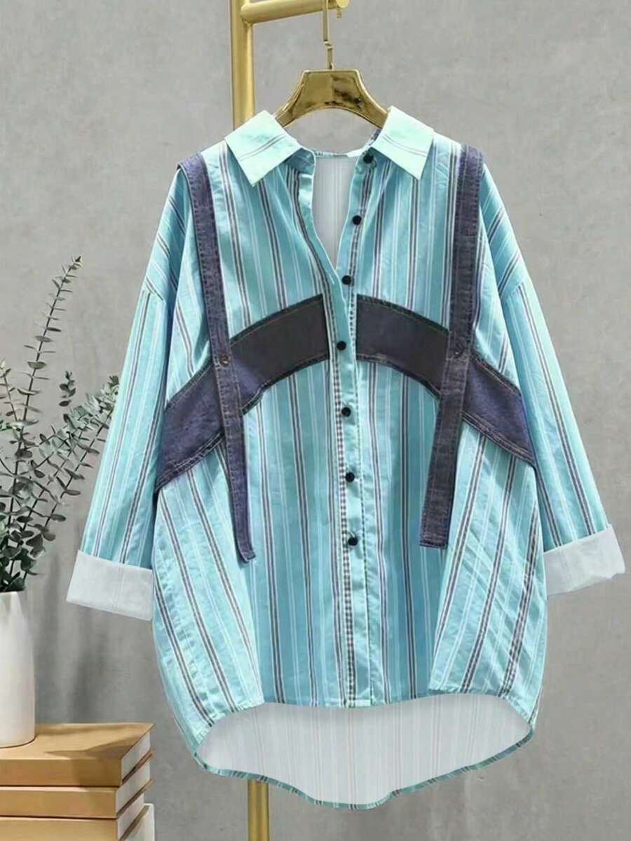 Women's Vintage Patchwork Long Sleeve Shirt, Versatile Blue Spring - Green - View 1