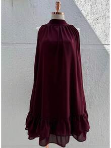 Sleeveless Short Chiffon Dress With High Neck, Ruffled Hem, And Lining - Elegant, Luxurious Party Dress - Redwood - View 1
