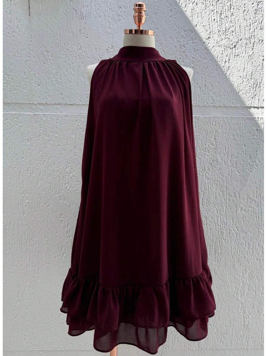 Sleeveless Short Chiffon Dress With High Neck, Ruffled Hem, And Lining - Elegant, Luxurious Party Dress - Redwood - View 1